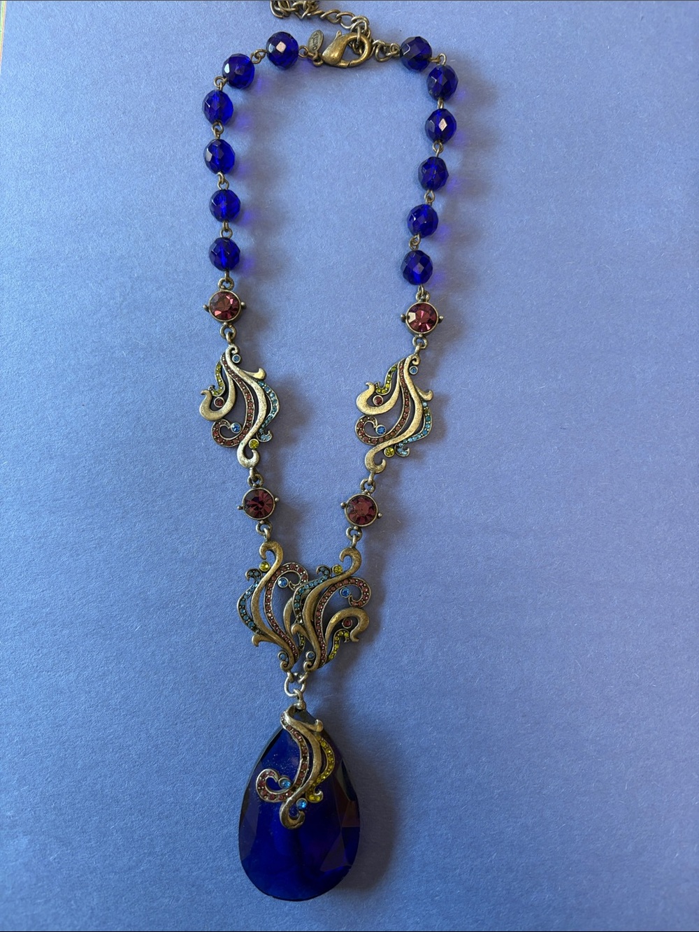 Chico's Royal Blue Teardrop Pendant Necklace with Garnet Accents
